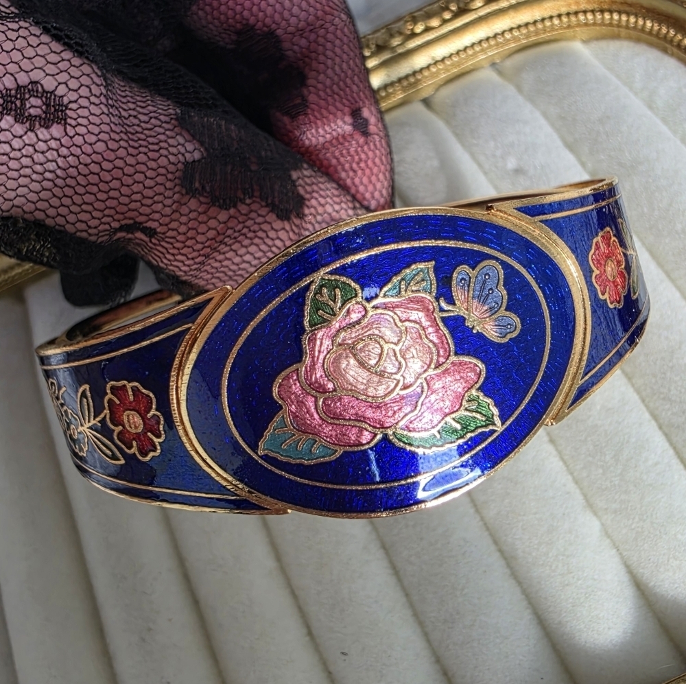 Vintage Cobalt Blue Cloisonné Floral Bangle Bracelet Gold Tone Hinged Statement